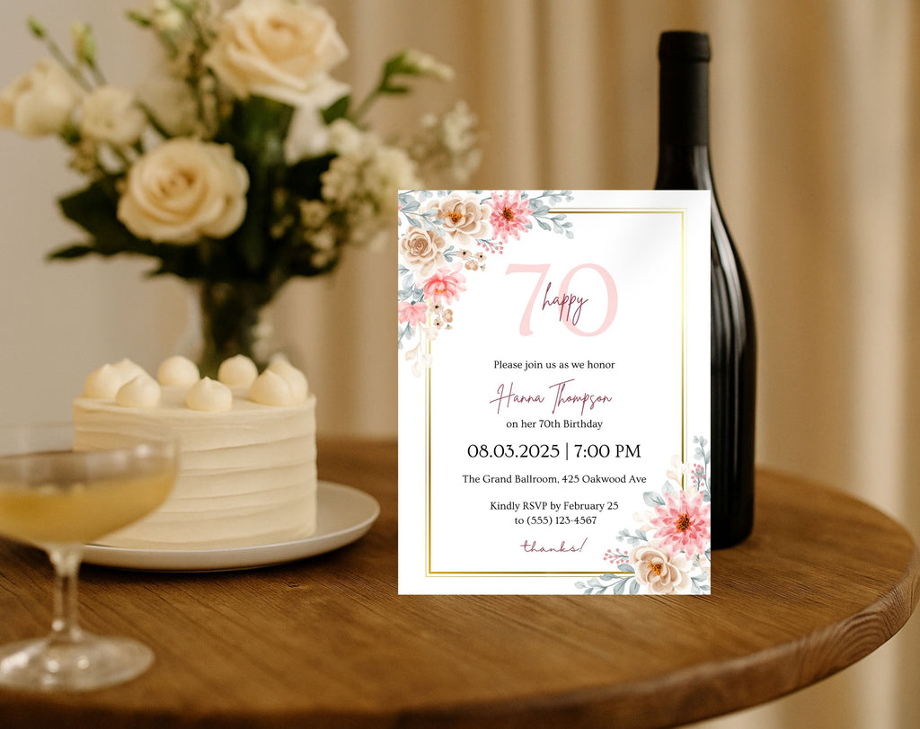 Pink Floral 70th Birthday Invitation