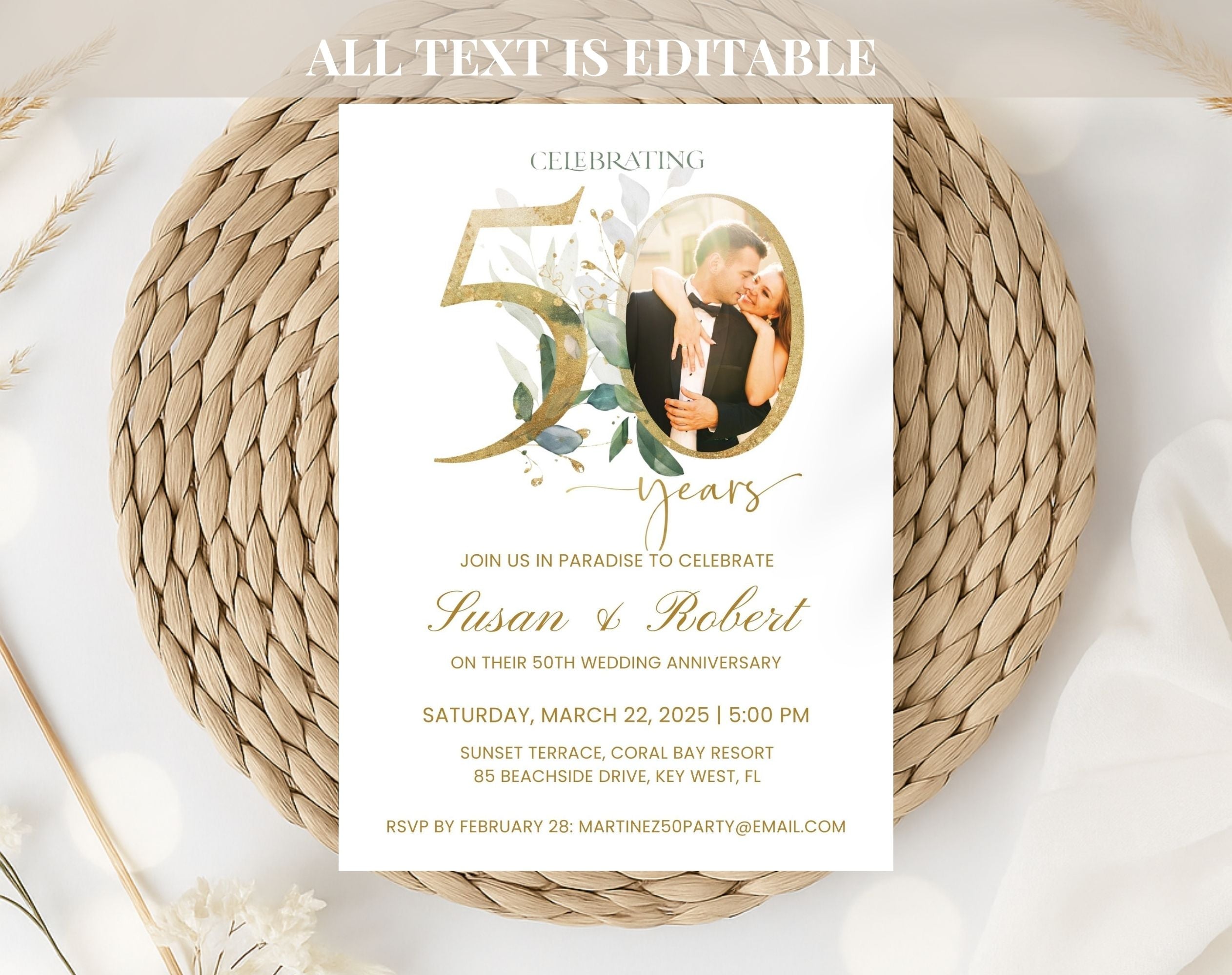 50th Wedding Anniversary Invitation Photo White Gold