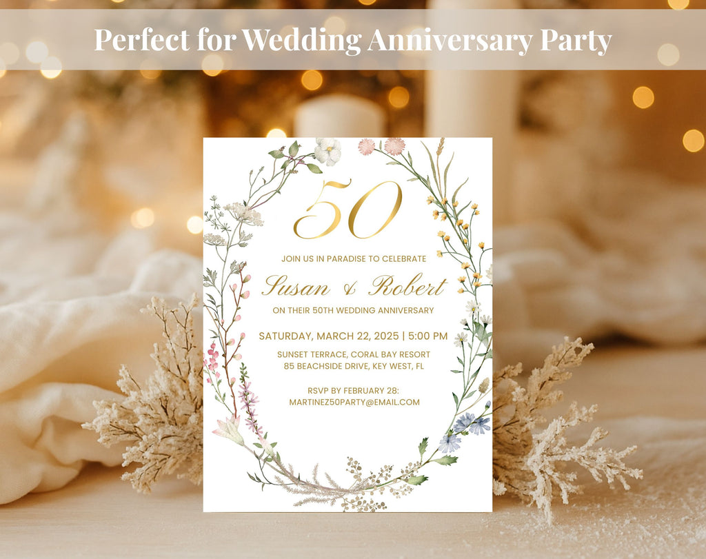 White Floral 50th Anniversary Invitation