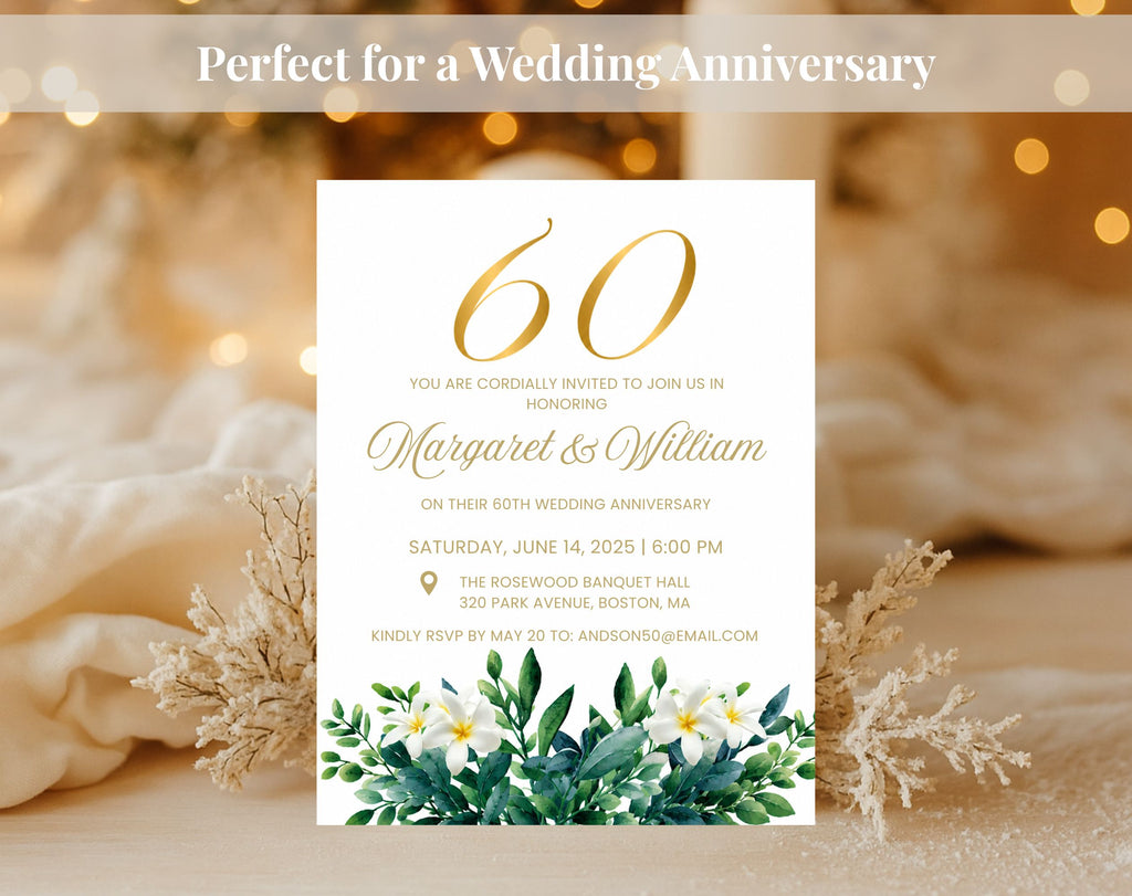 60th White Gold Wedding Anniversary Invitation