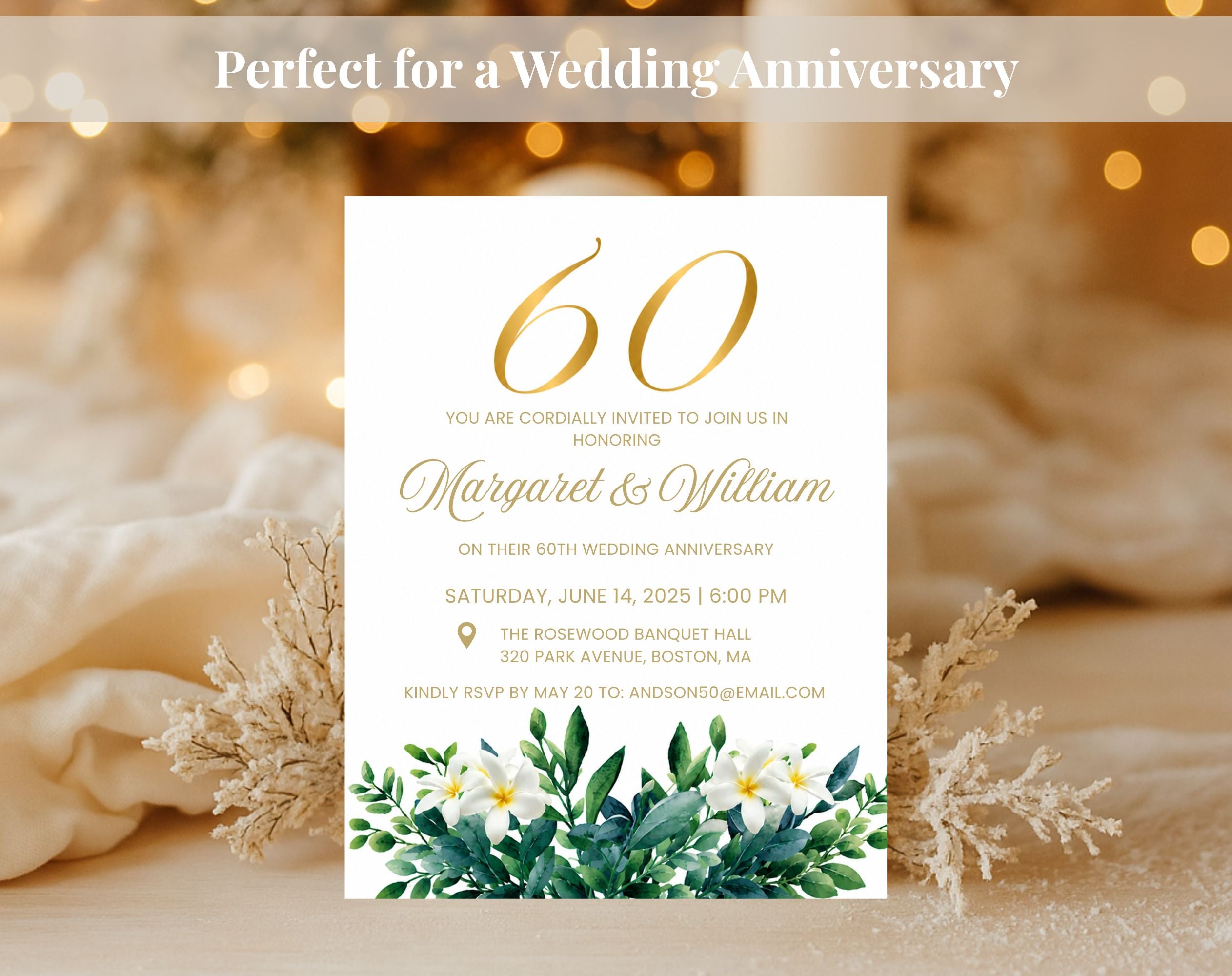 60th White Gold Wedding Anniversary Invitation