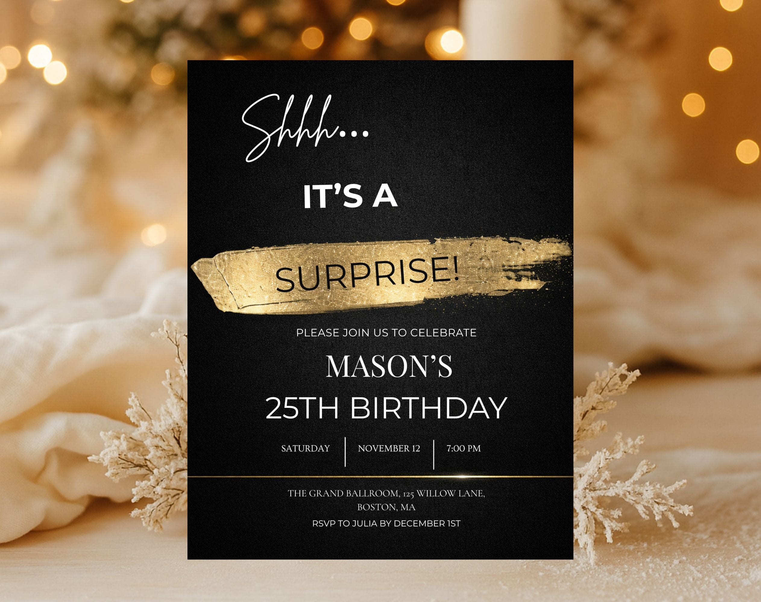 25th gold black Birthday Party Invitation