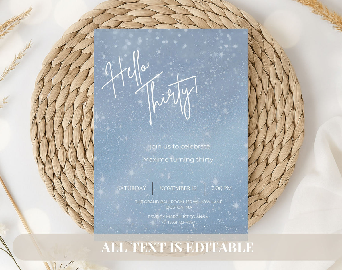 Hello Thirty Winter Blue 30th Birthday Invitation