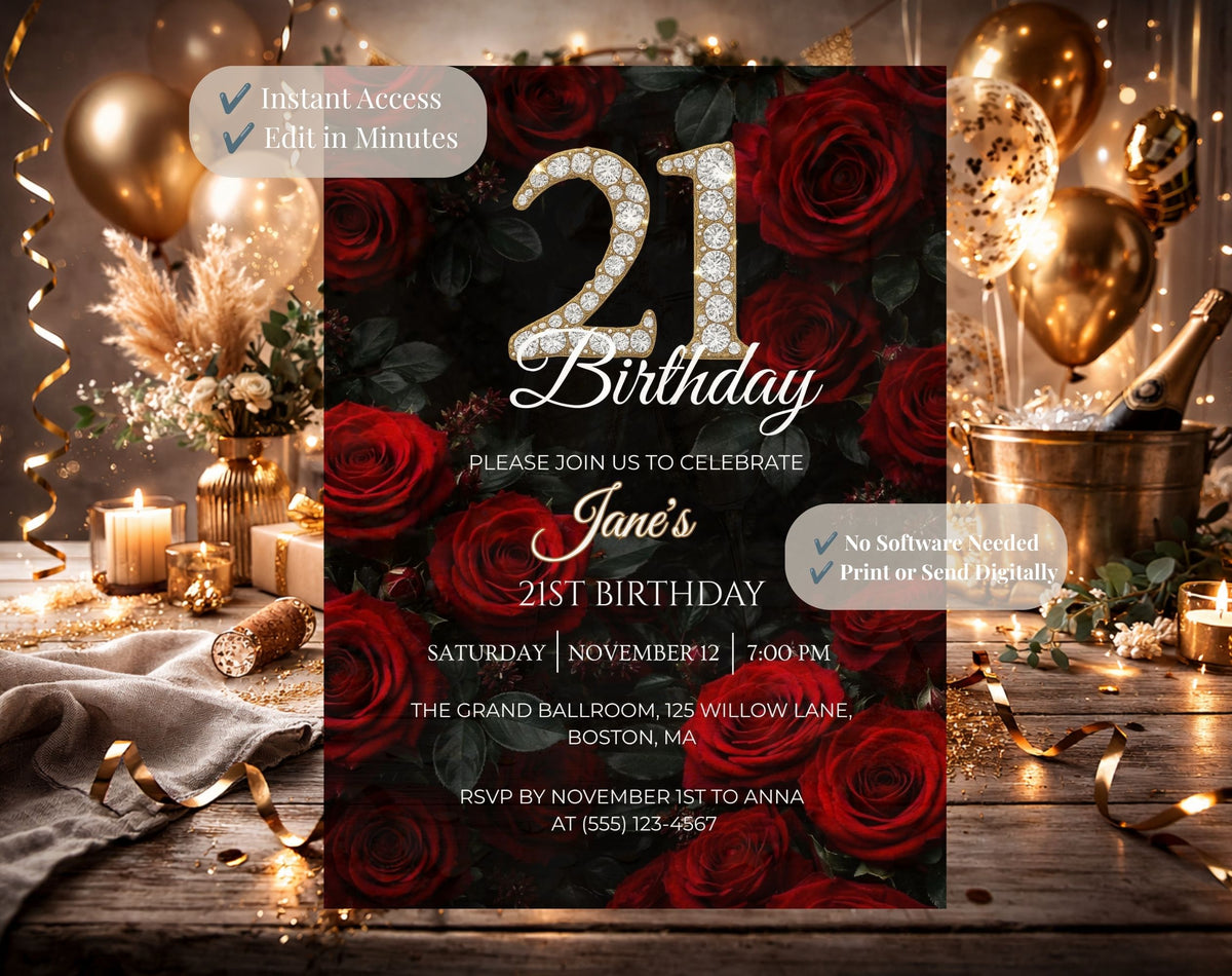 Red Rose 21st Birthday Invitation – Black and Gold Floral