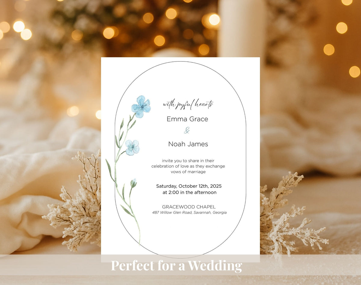 Blue Wildflower Wedding Invitation Template | Editable Minimalist Floral Wedding Invite