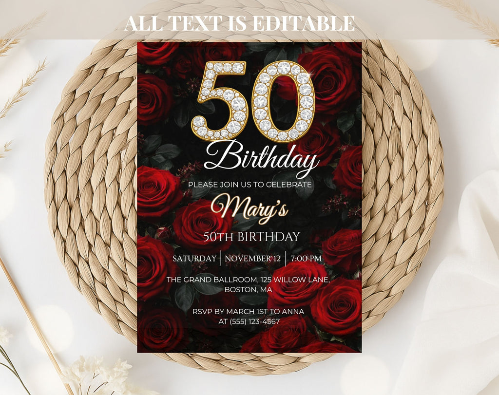 Luxury Red Rose 50th Birthday Invitation