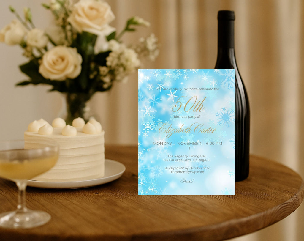Winter Birthday Invitation Blue Snowflake 50th Party Invite Editable Template Evite Instant Download
