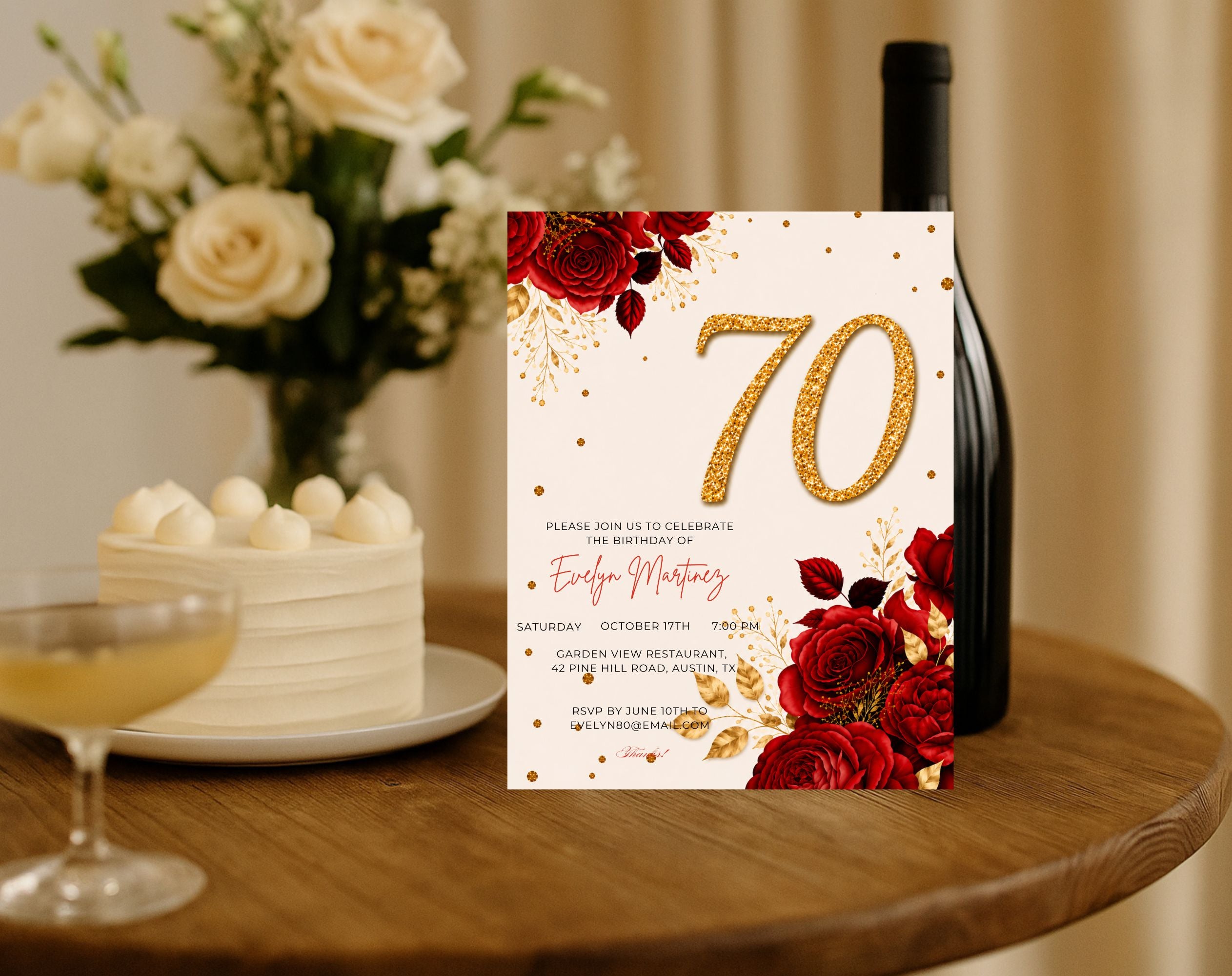 Elegant Red Rose 70th Birthday Invitation