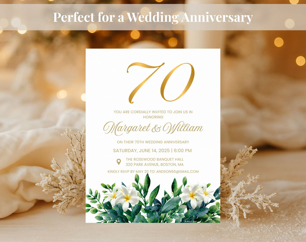 70th White Gold Wedding Anniversary Invitation