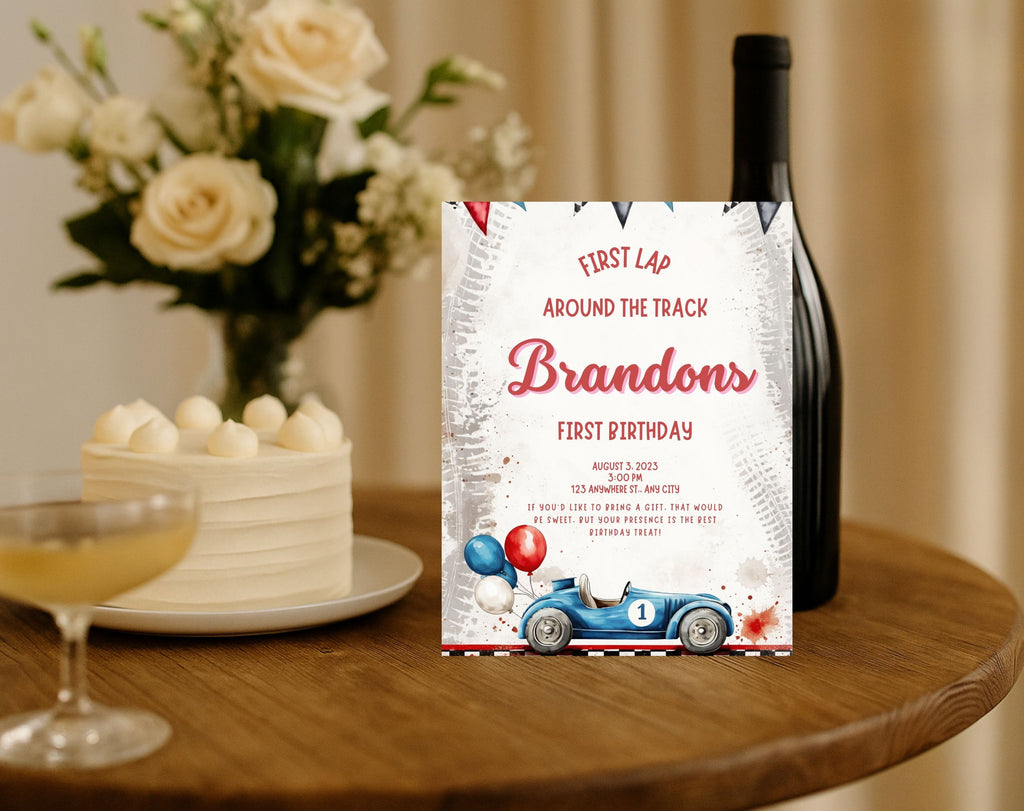 Red Blue Race Car First Birthday Invitation
