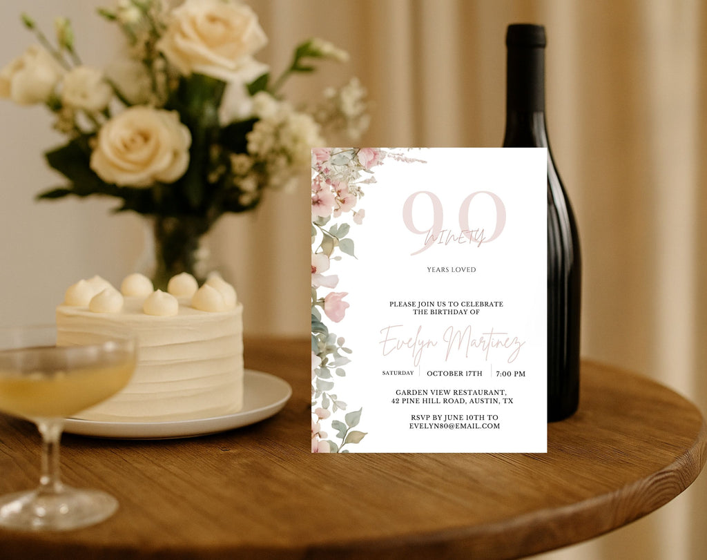 Blush Pink and Green Floral  90th Birthday Invitation