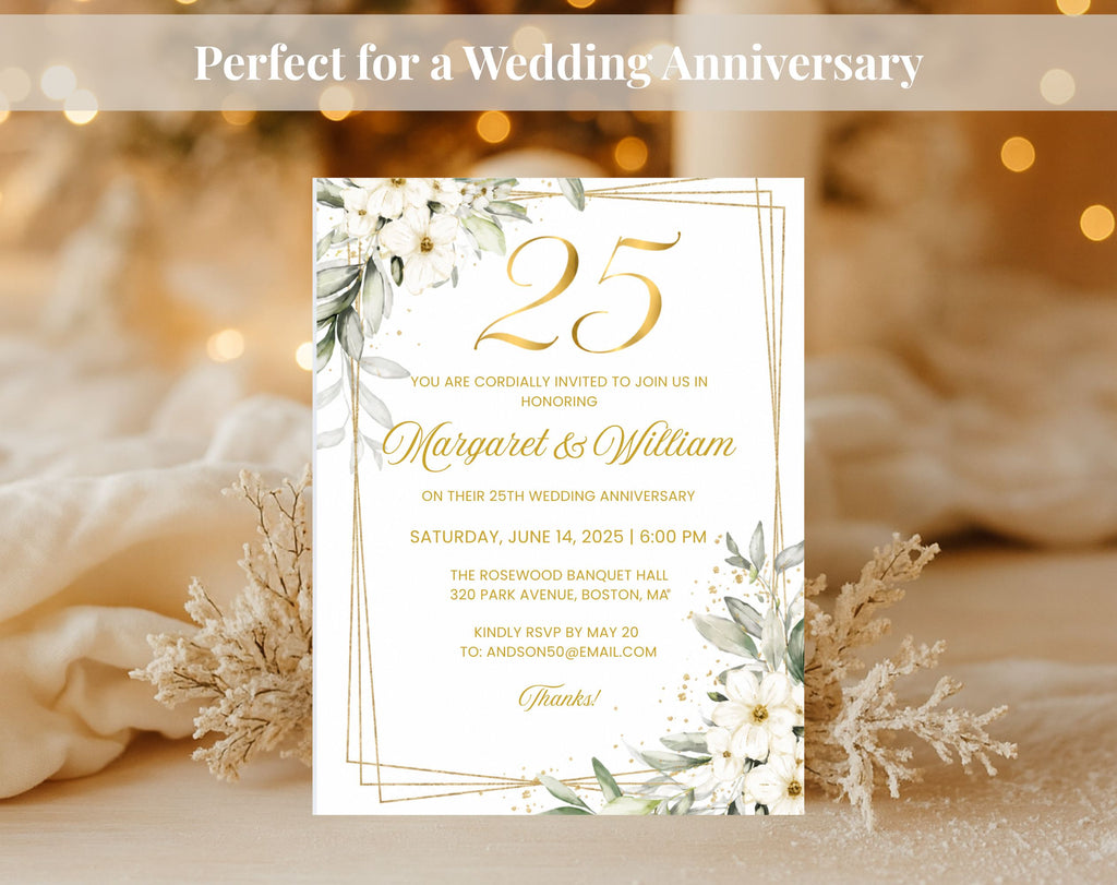 White Gold Floral 25th Wedding Anniversary Invitation