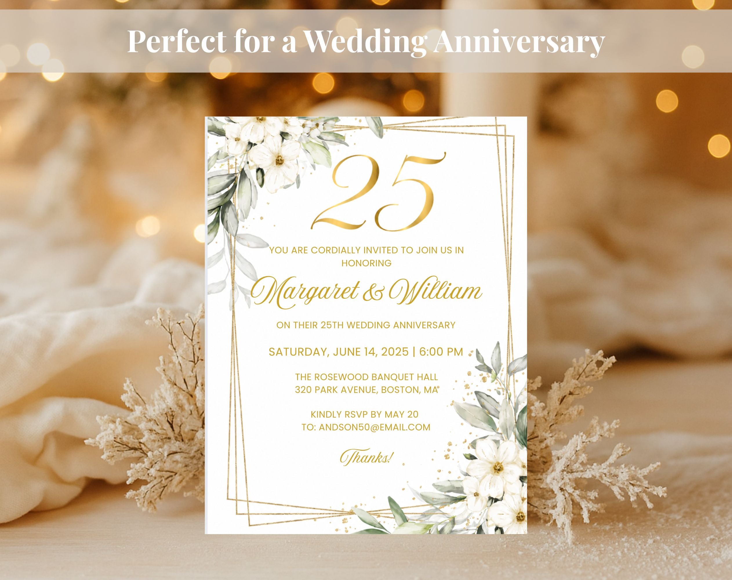 White Gold Floral 25th Wedding Anniversary Invitation
