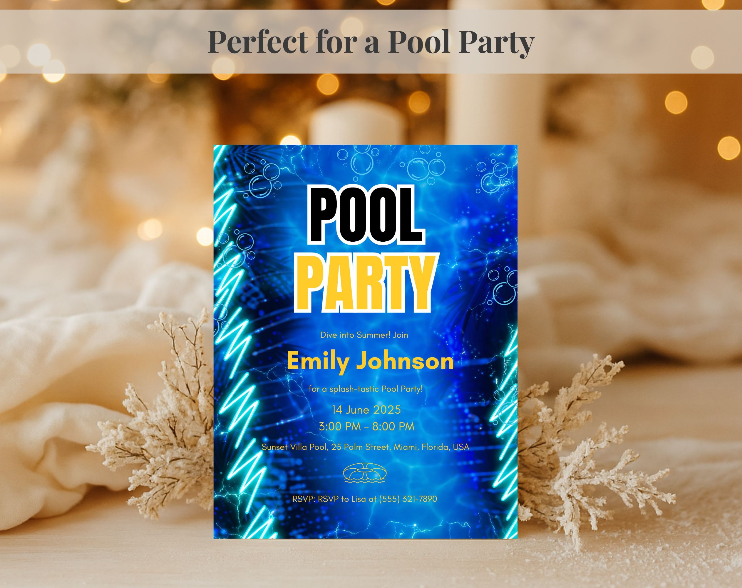 Blue Neon Pool  birthday Party Invitation