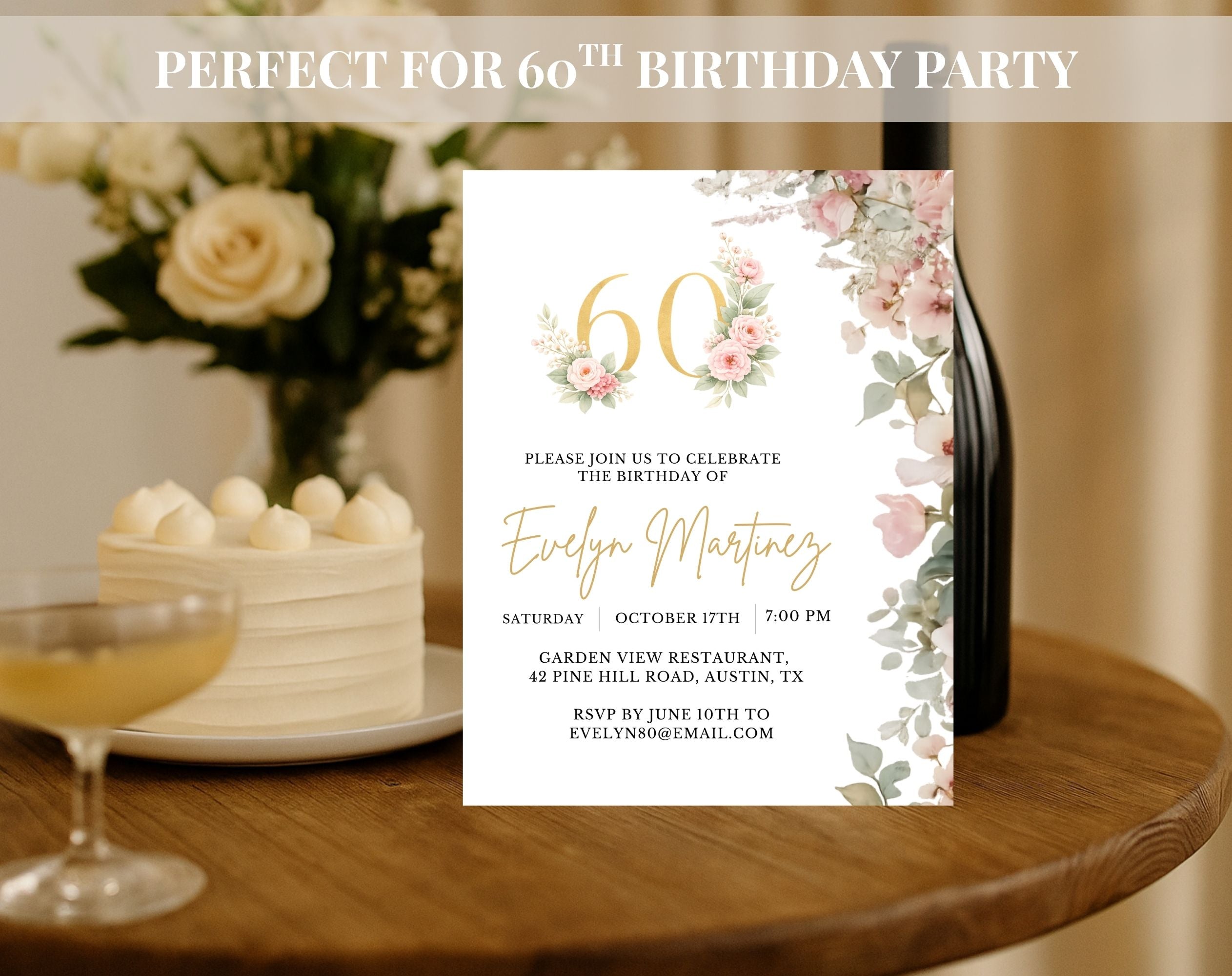Elegant Floral 60th Birthday Invitation
