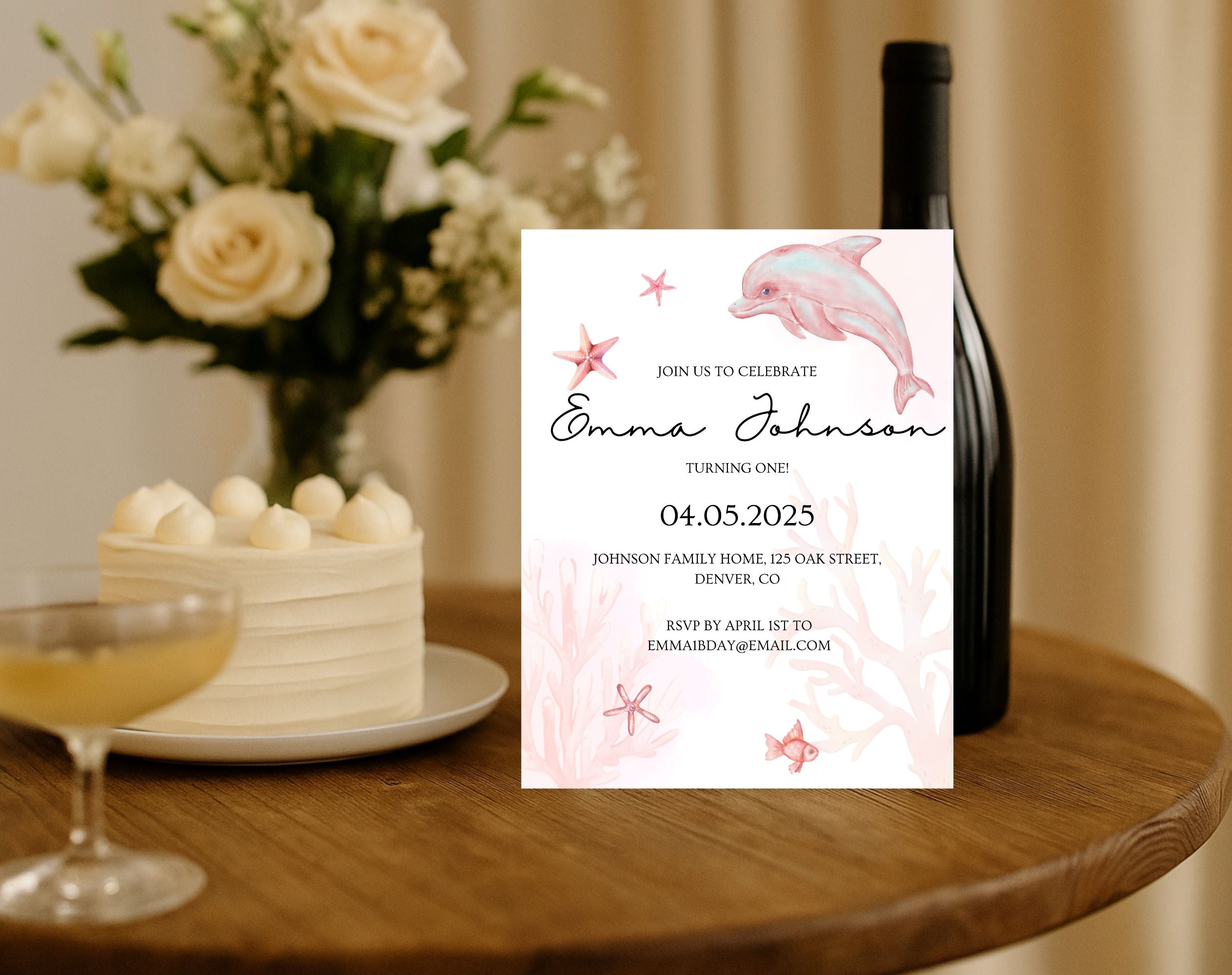 Pink Ocean first Birthday Invitation