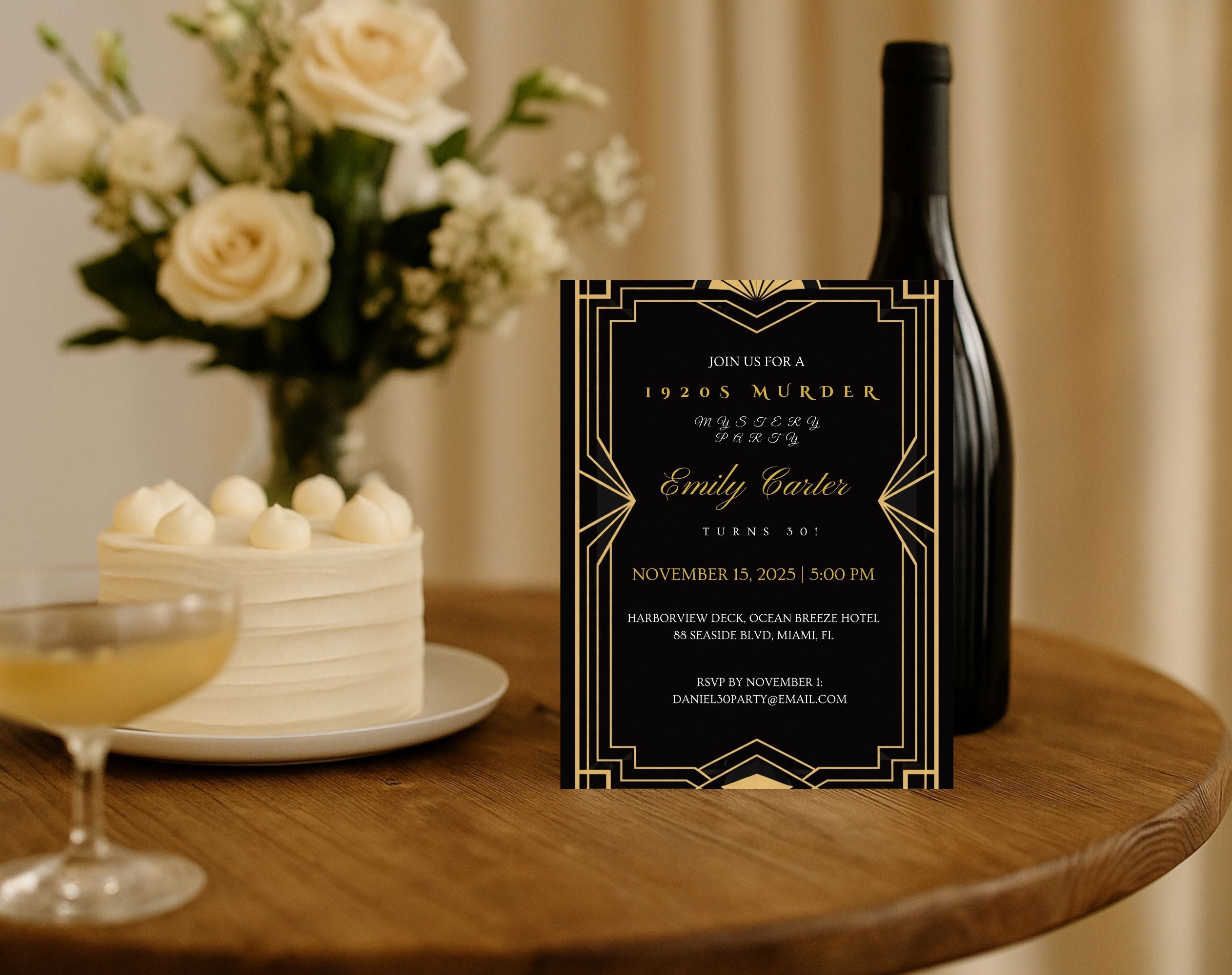 Black and Gold 1920s Murder Mystery 30th Birthday Invitation