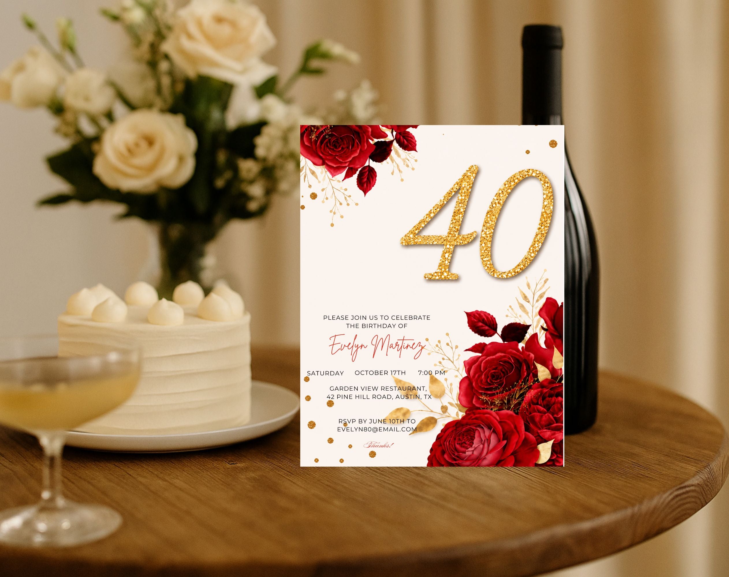 Elegant red rose golden 40th Birthday Invitation