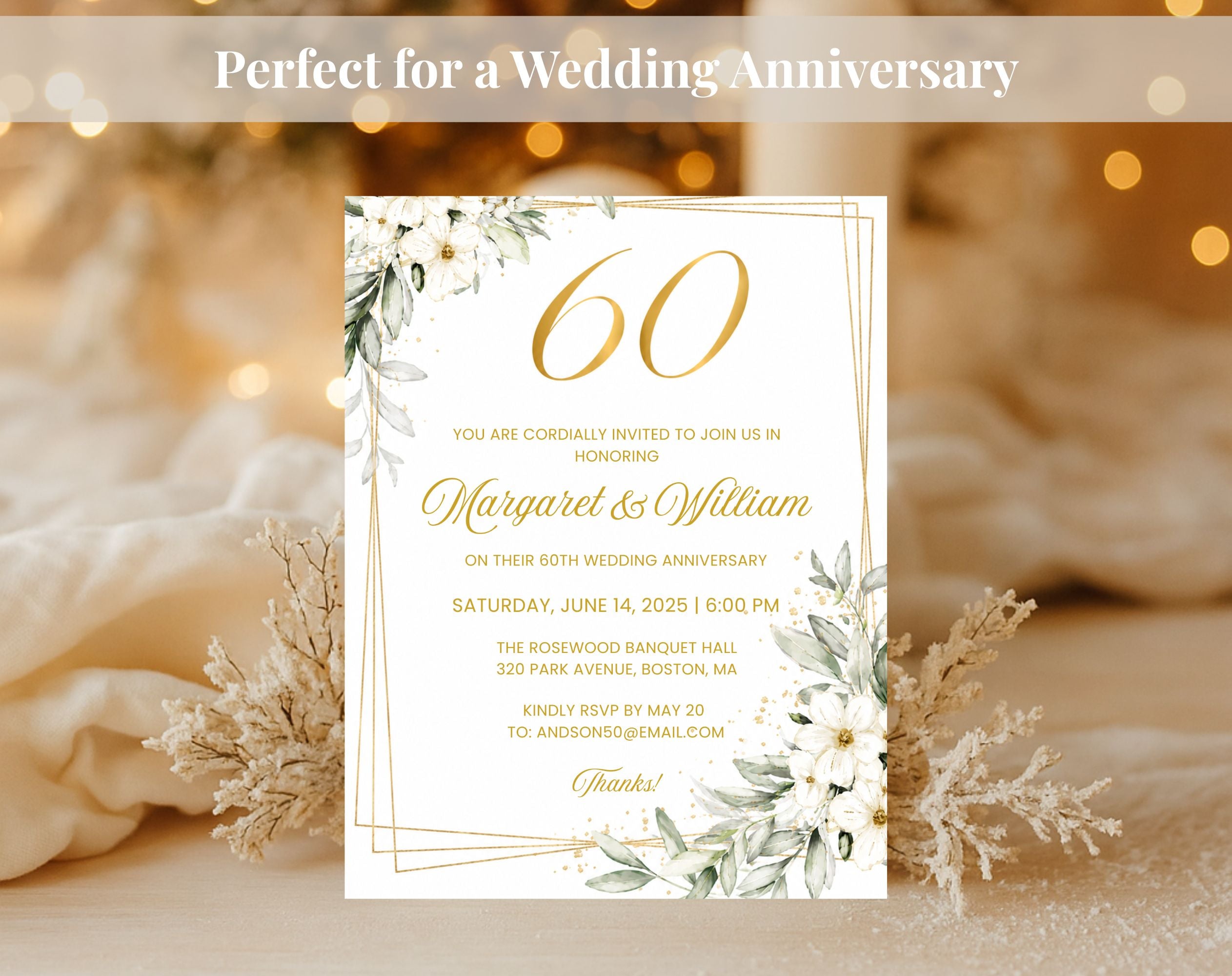 White Gold Floral 60th Wedding Anniversary Invitation