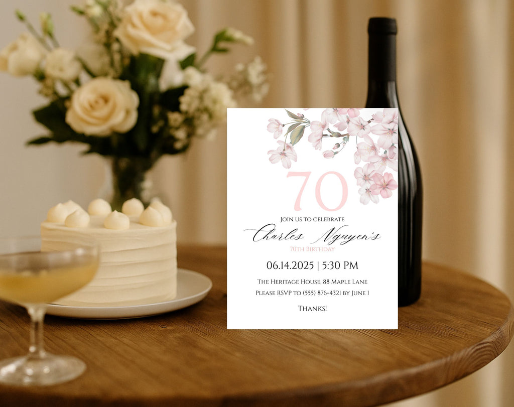 White Elegant Pink Cherry Blossom 70th Birthday Invitation