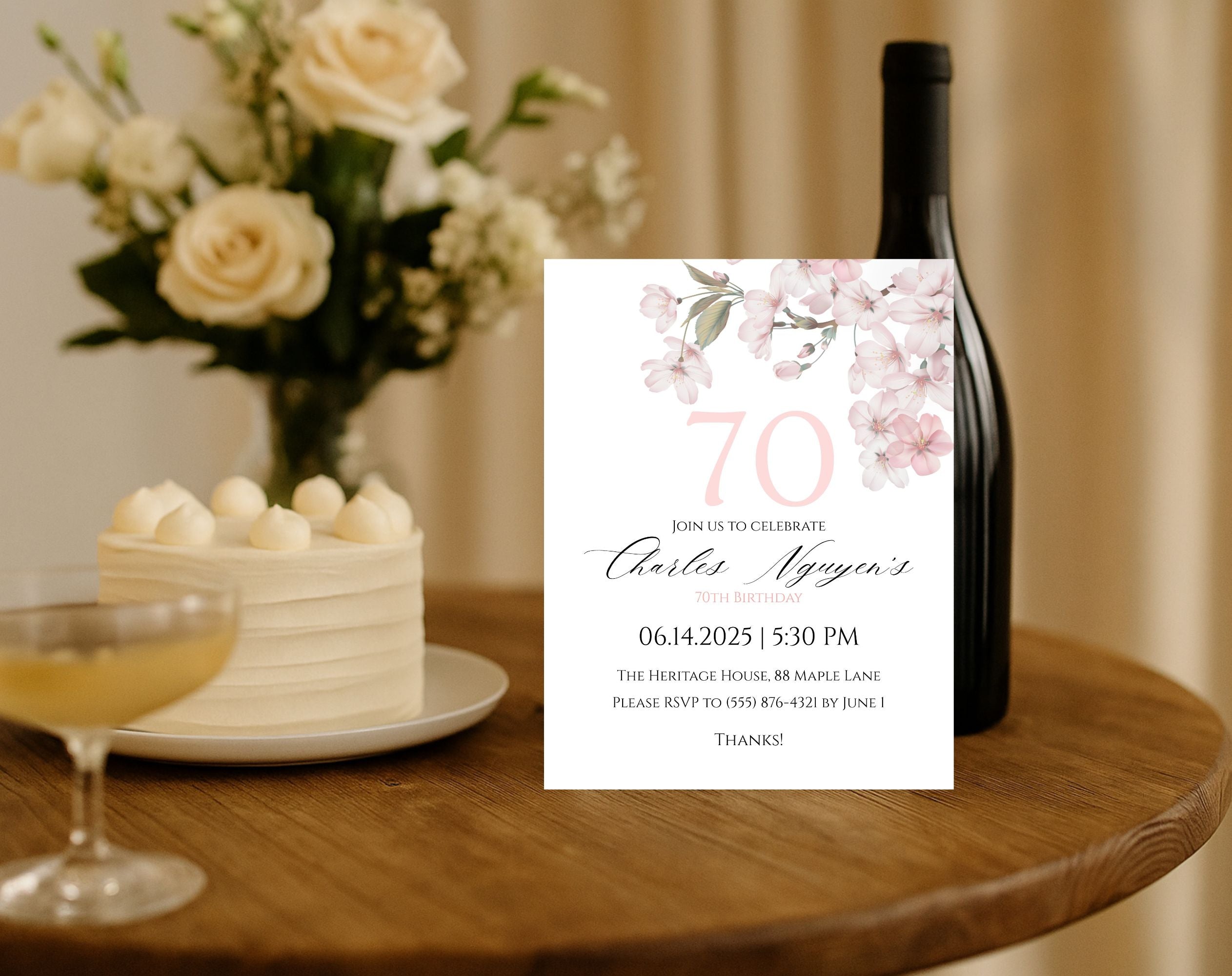 White Elegant Pink Cherry Blossom 70th Birthday Invitation