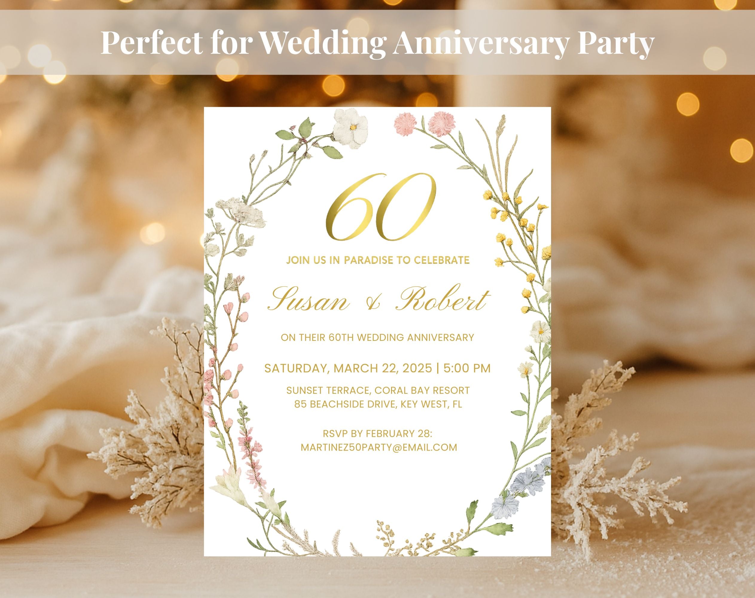 Elegant Floral 60th Wedding Anniversary Invitation