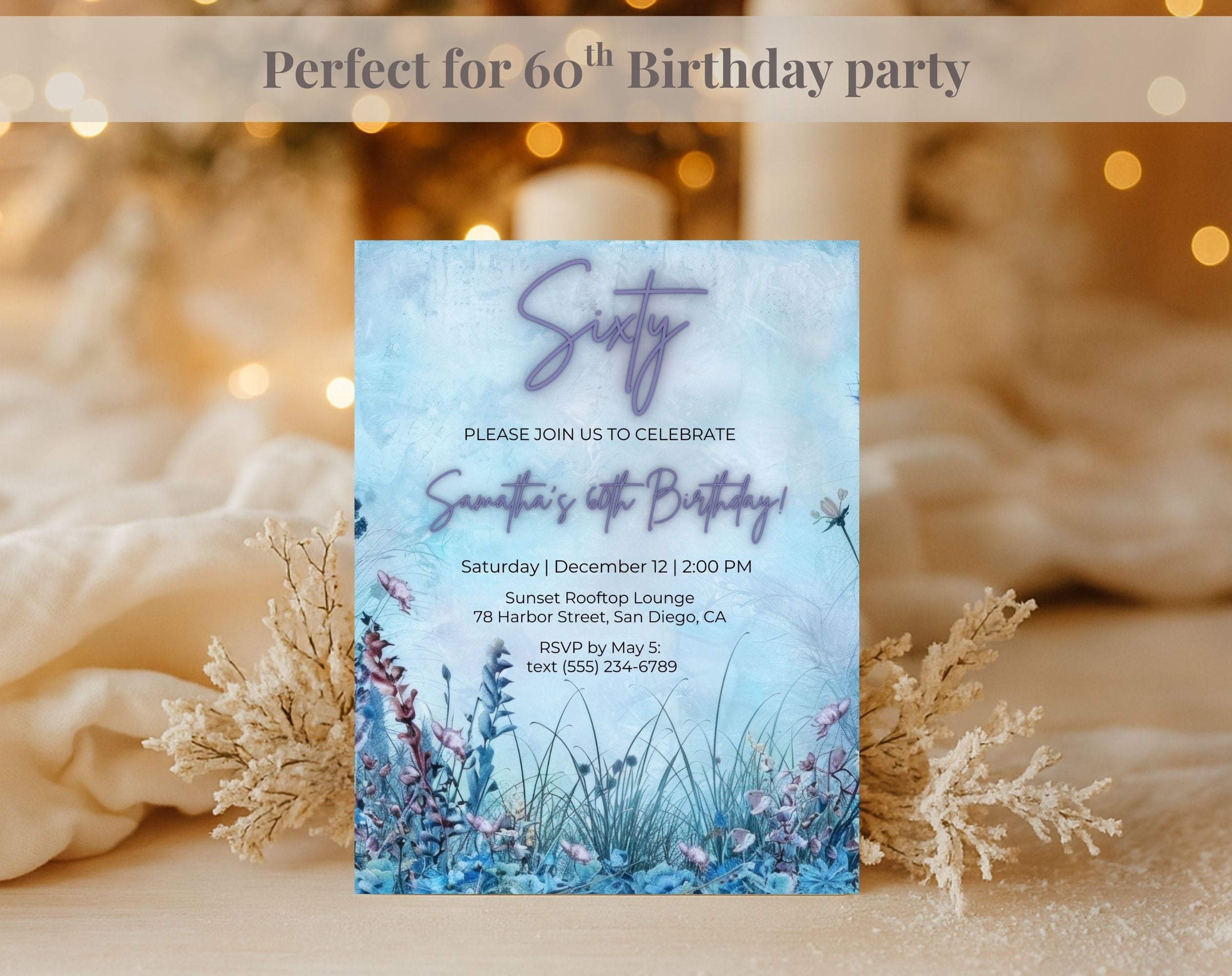Blue Floral Elegant 60th Birthday Invitation