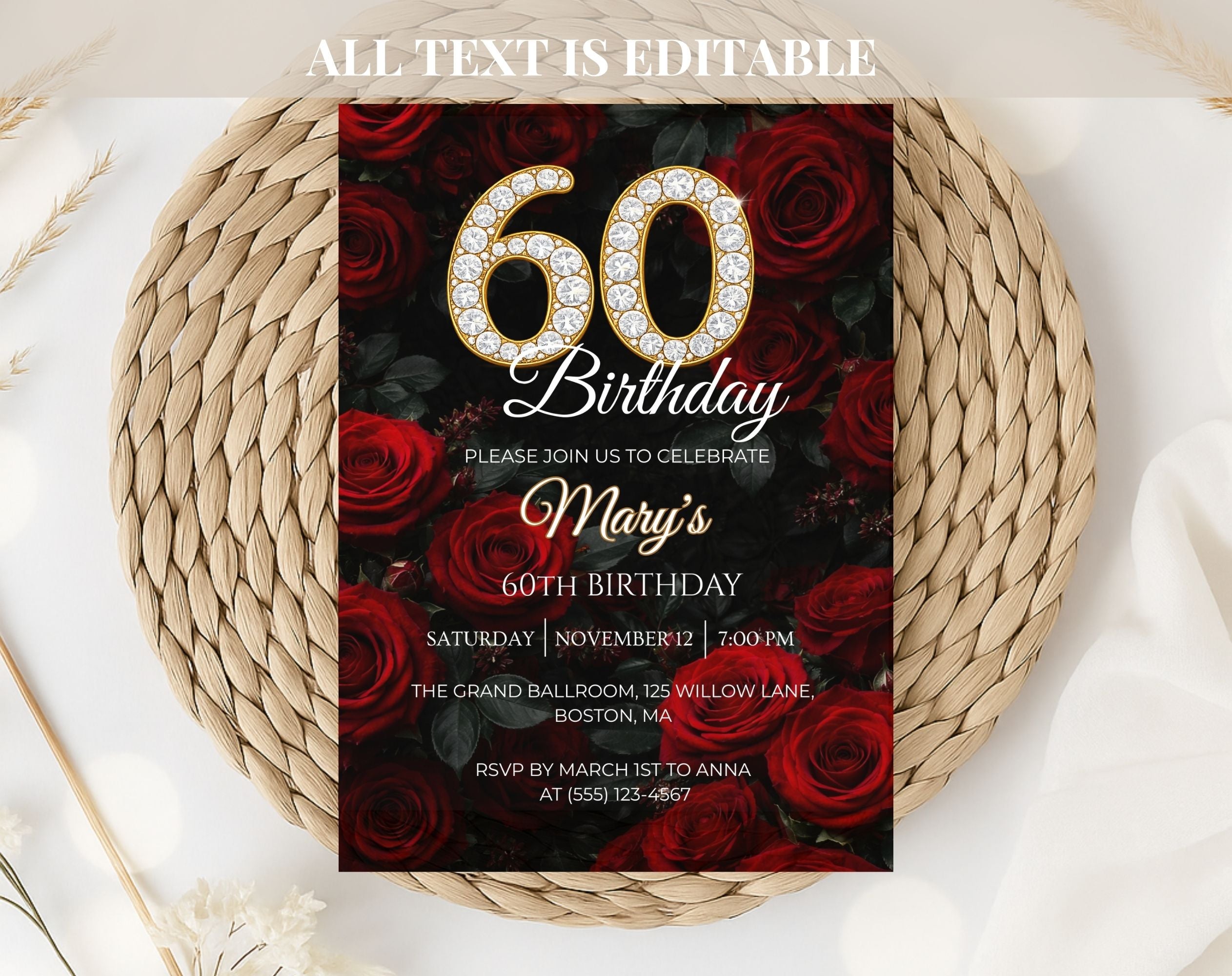 Luxury Red Rose 60th Birthday Invitation