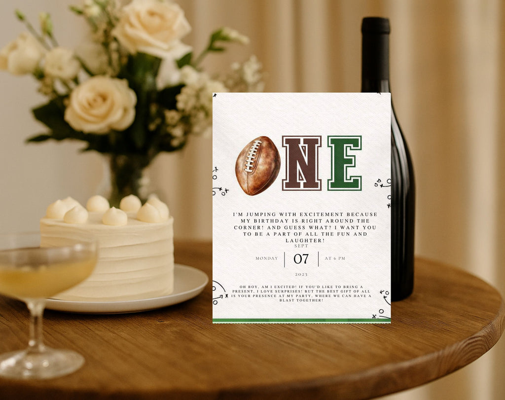 Green and Brown Football First Birthday Invitation