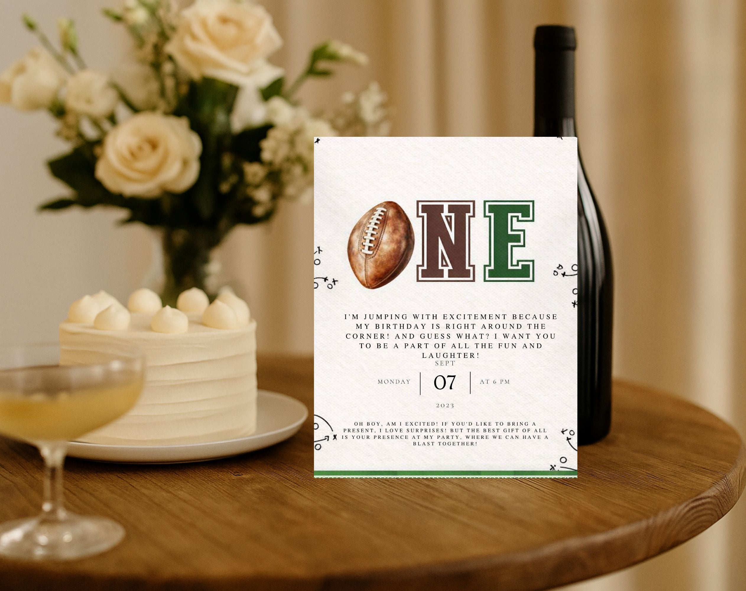 Green and Brown Football First Birthday Invitation