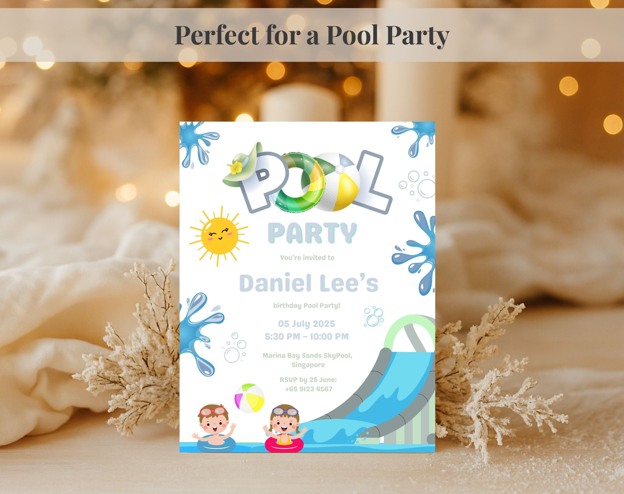 Blue Green Pool Party Kids birthday Invitation