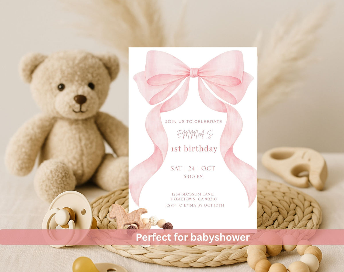 Pink Bow First Birthday Invitation