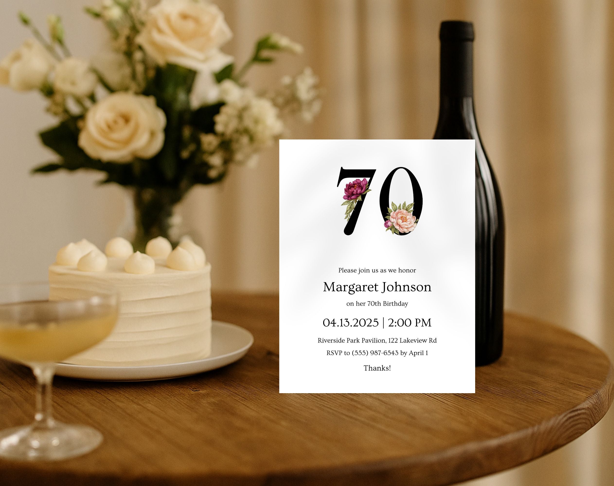Black Elegant Floral 70th Birthday Invitation