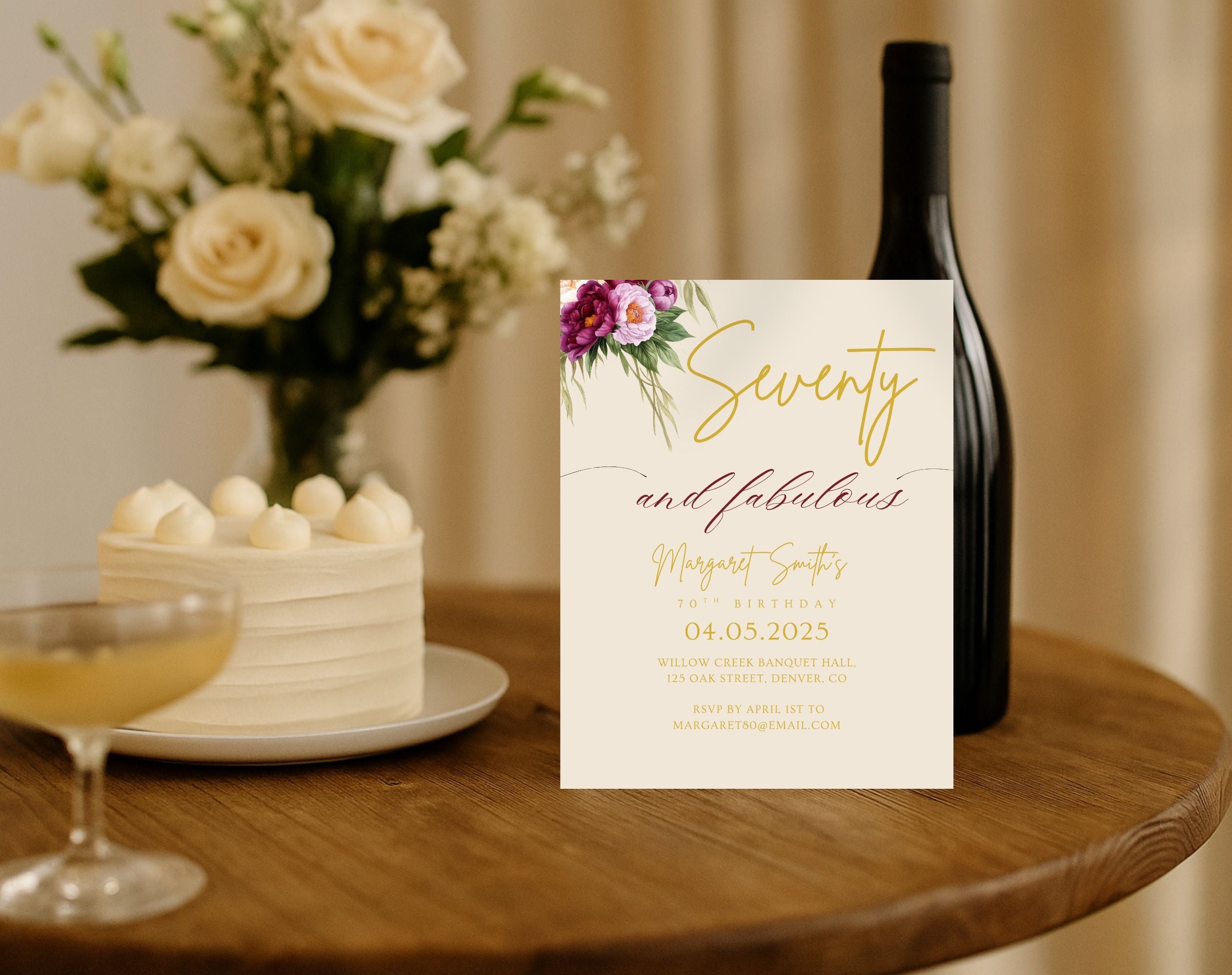 Beige Floral Elegant 70th Birthday Invitation