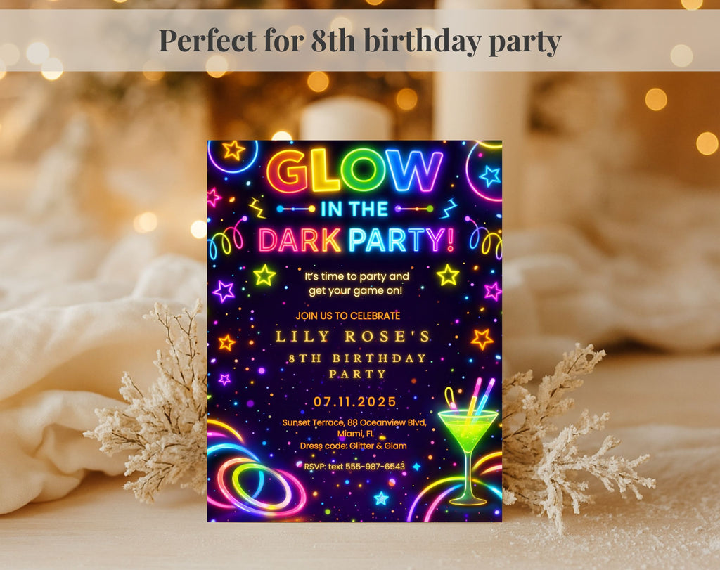 Neon Glow 8th Birthday Invitation