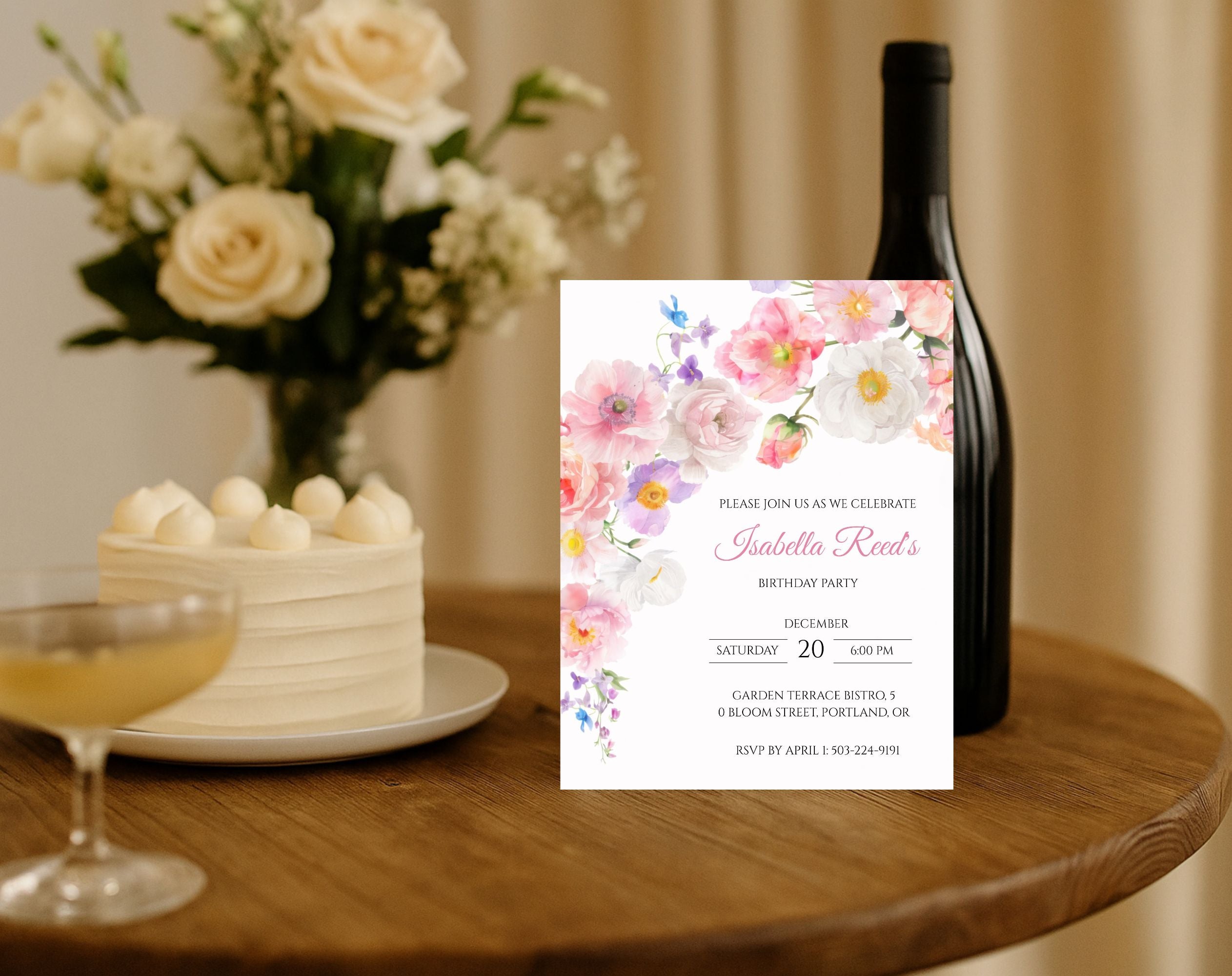 Elegant Pink Flower Floral Birthday Invitation