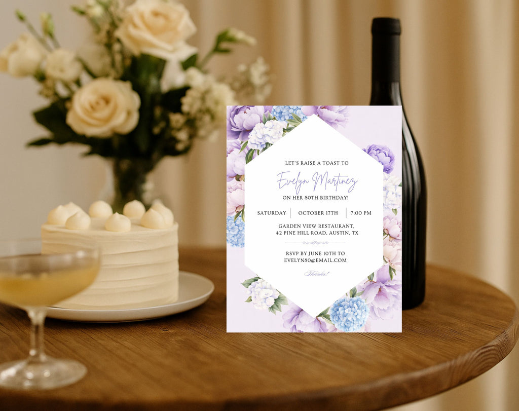 Elegant Purple Floral 80th Birthday Invitation