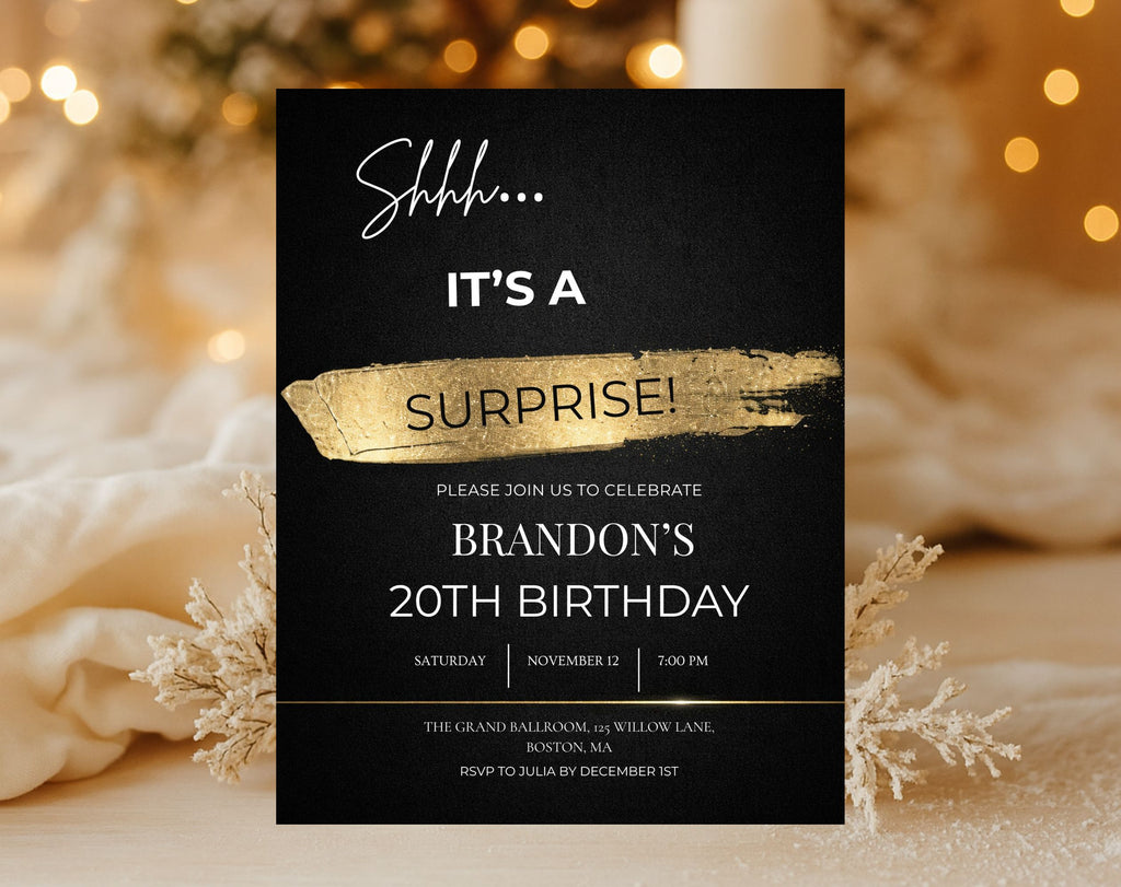 20th gold black Birthday Party Invitation