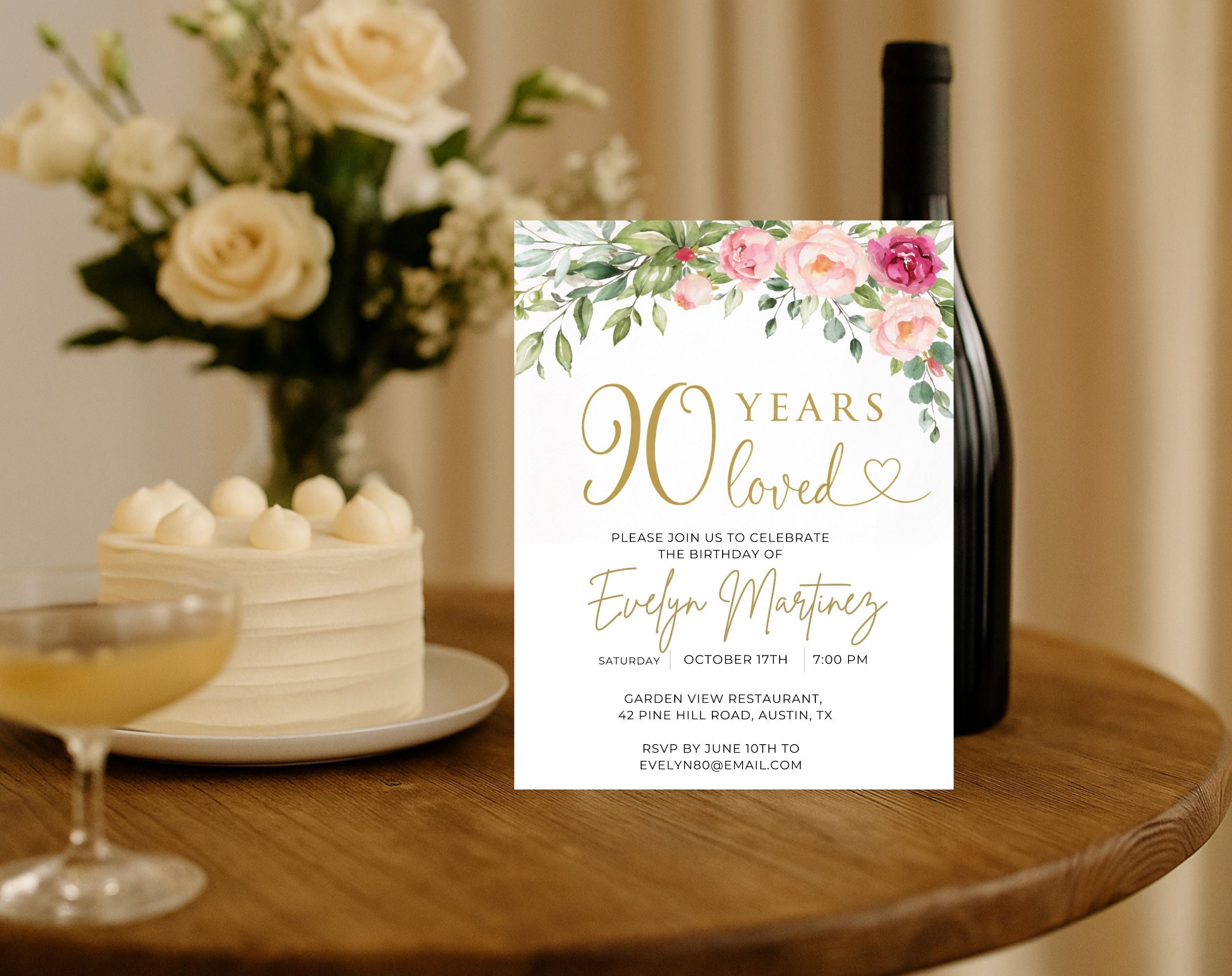 Gold Floral 90th Birthday Invitation