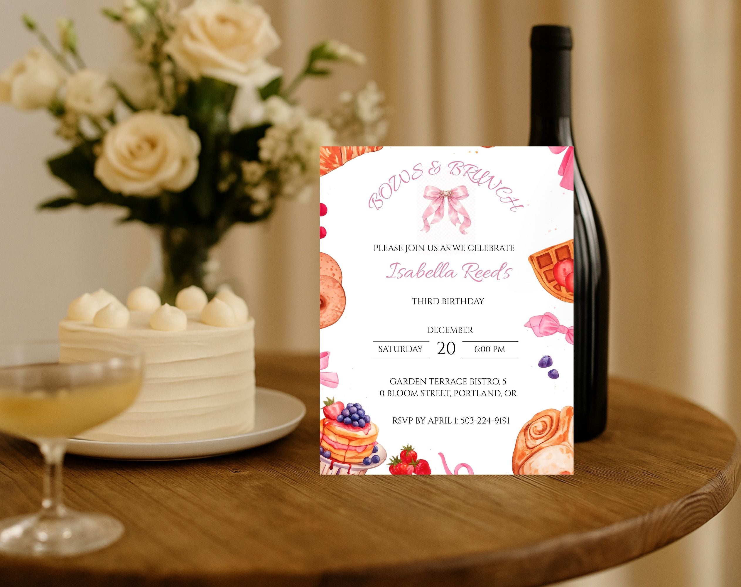 Pink Bows Brunch Birthday Invitation