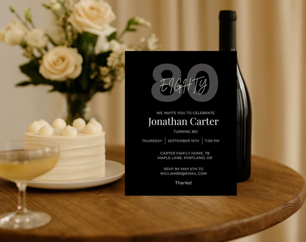 Black 80th Birthday Invitation Template