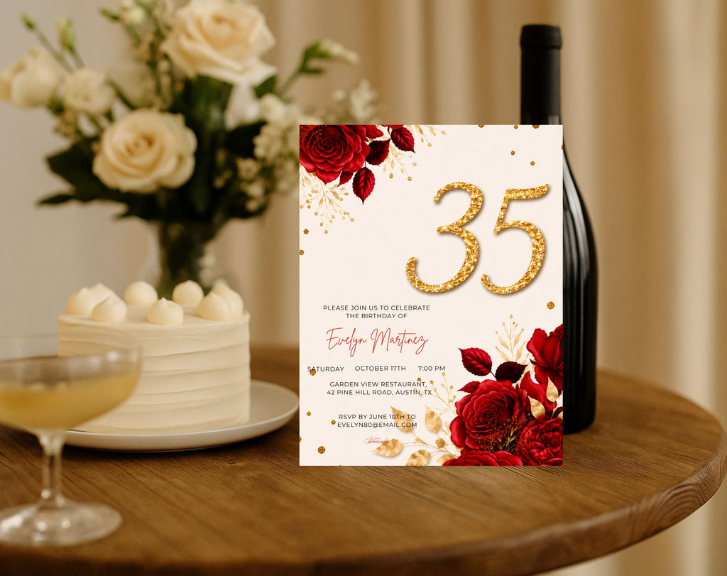 Elegant Red rose 35th Birthday Invitation