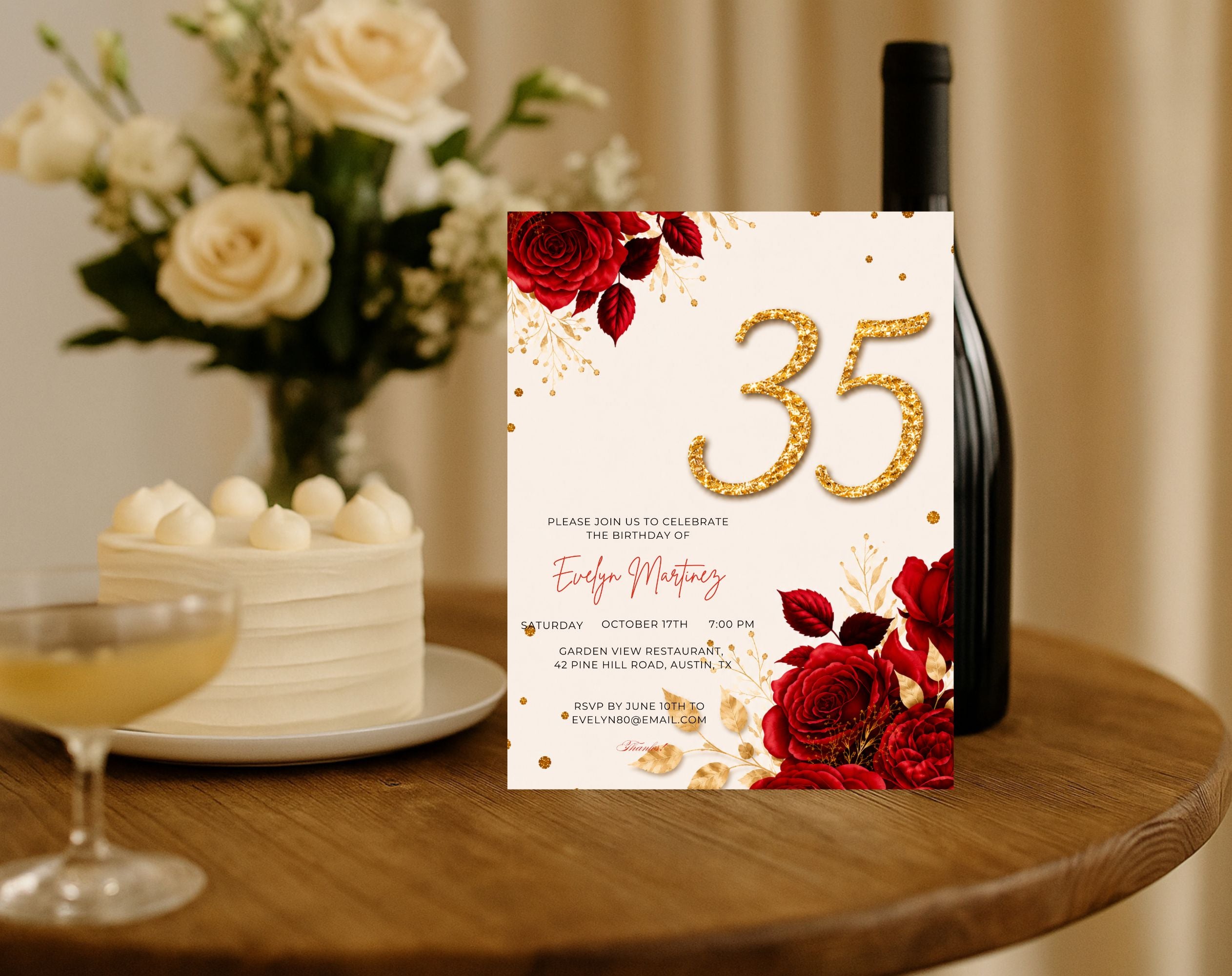 Elegant Red rose 35th Birthday Invitation