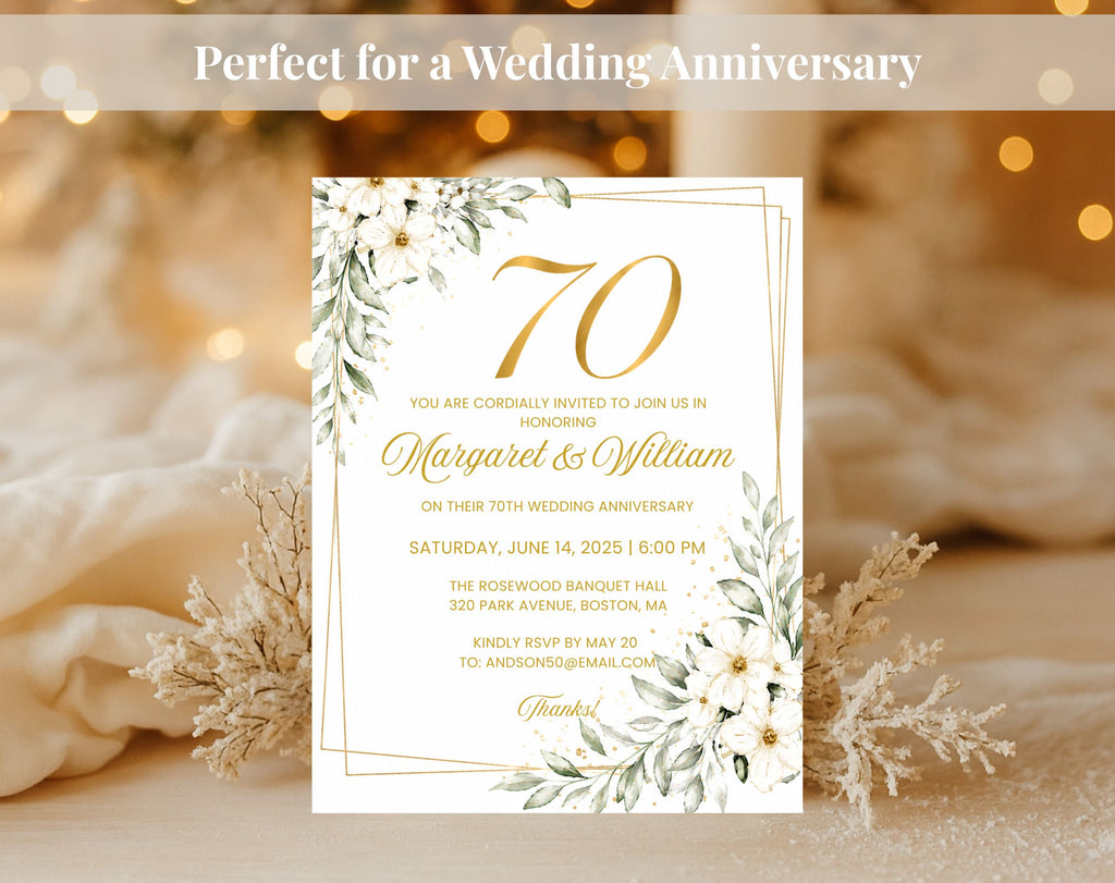 White Gold Floral 70th Wedding Anniversary Invitation