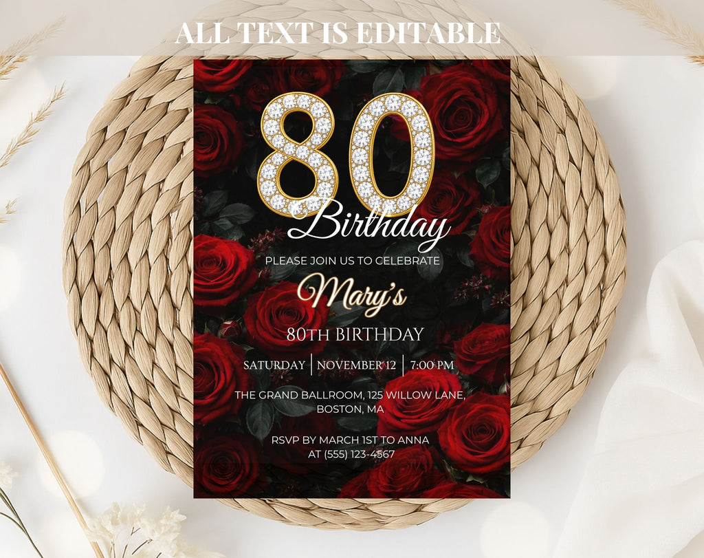 Luxury Red Rose 80th Birthday Invitation