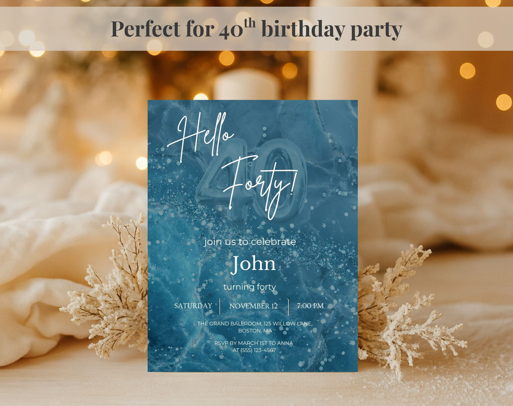 Modern Blue 40th Birthday Invitation