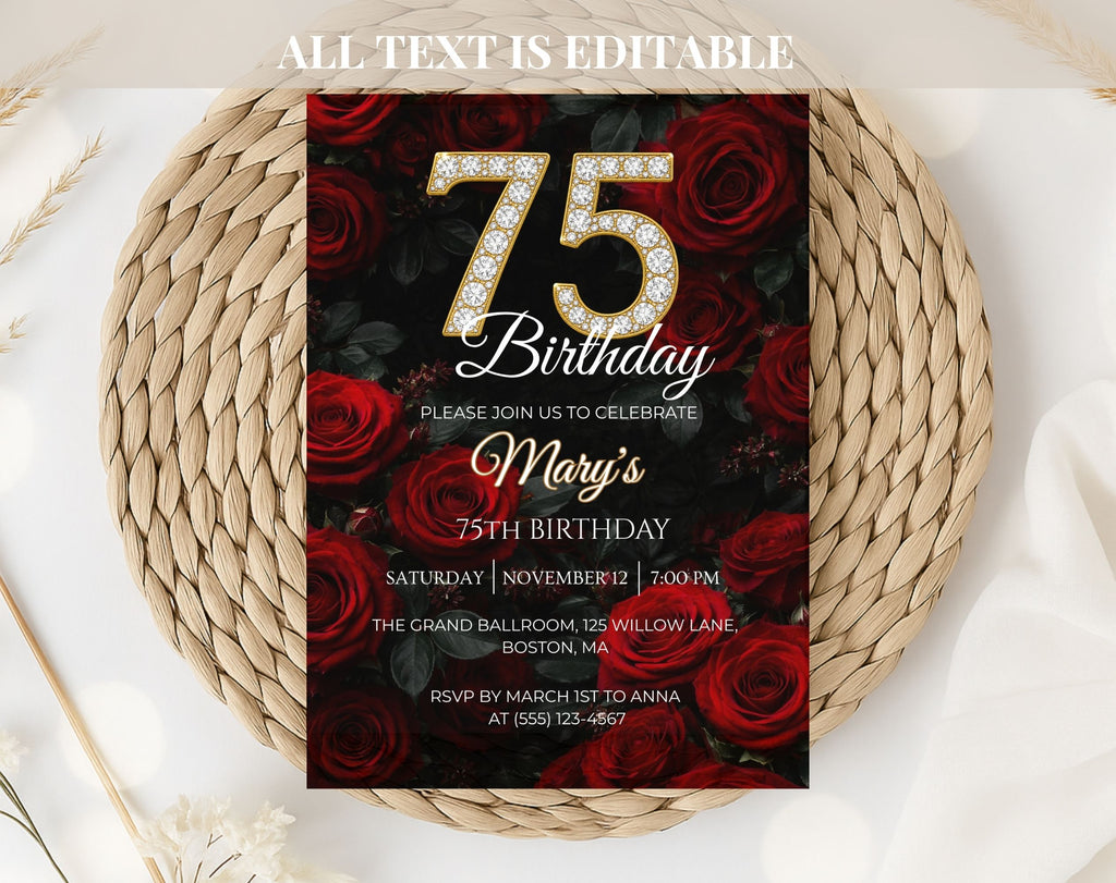 Luxury Red Rose 75th Birthday Invitation