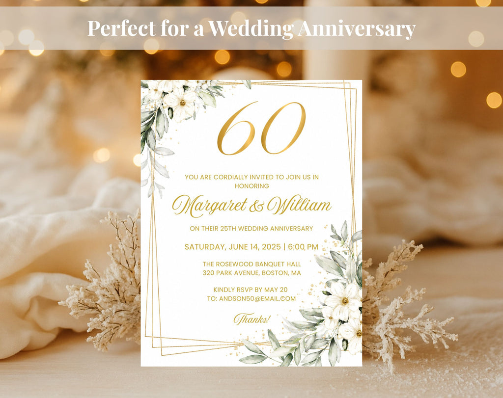White Gold Floral 60th Wedding Anniversary Invitation