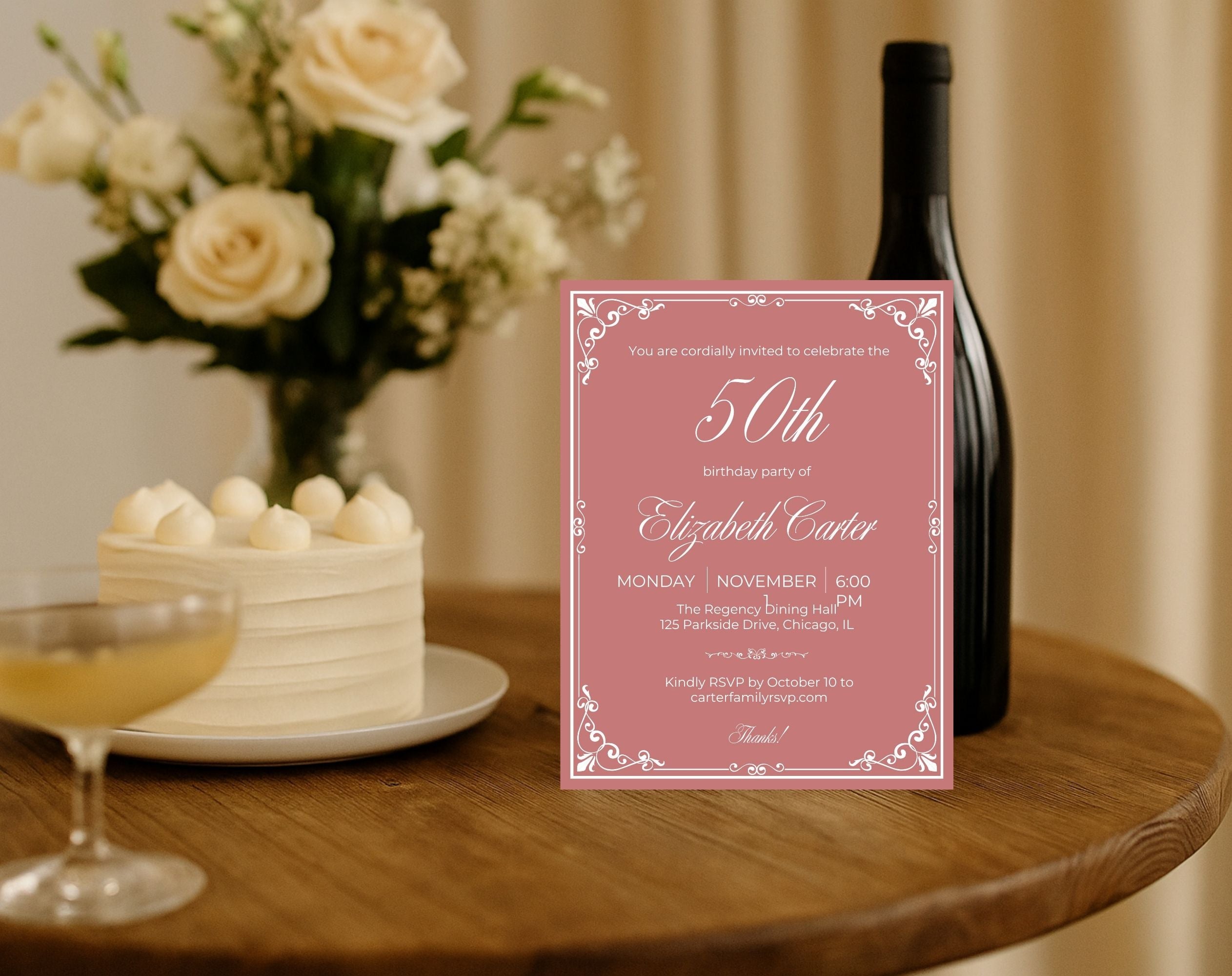 Dusty Rose Pink 50th Birthday Invitation