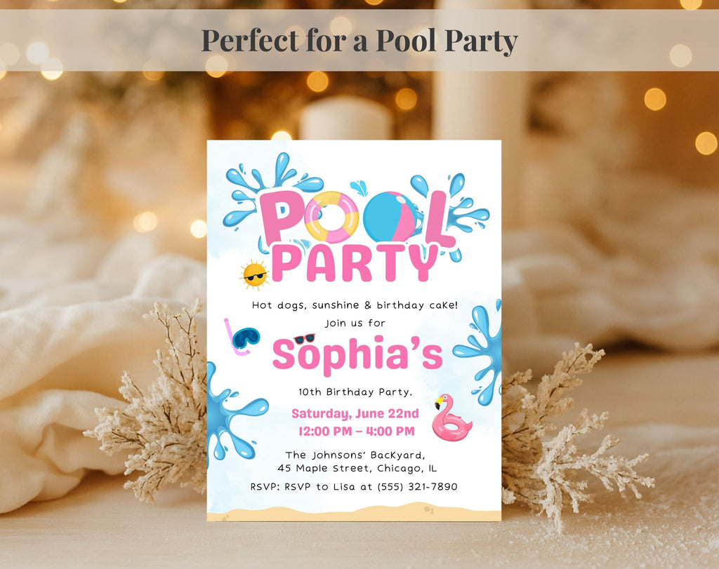 Pink Blue Pool Party 10th birthday Invitation